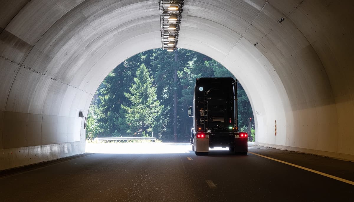 Semi truck exiting a dark tunnel, and entering into daylight