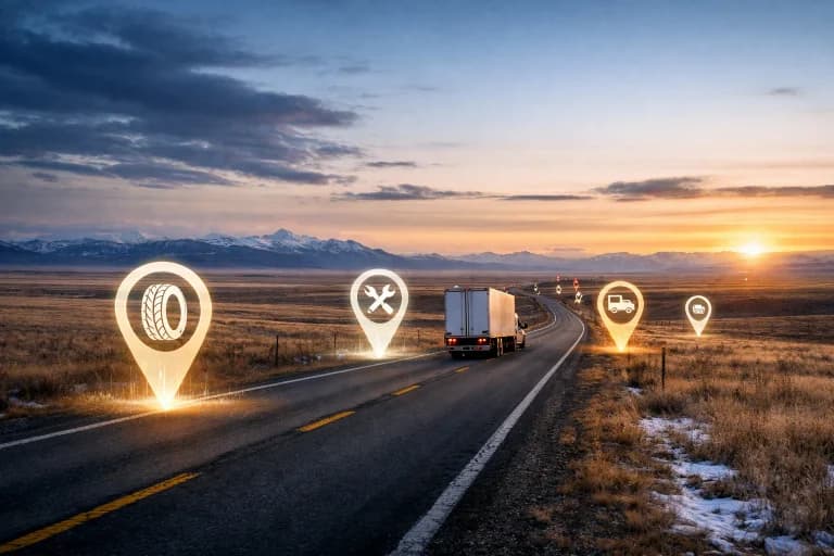 A truck driving down a dark road lit by overlaid map markers indicating nearby services.