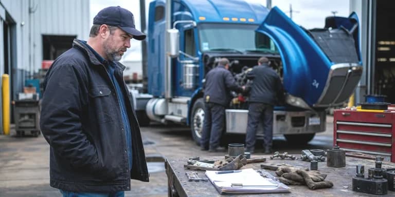 A trucker watching two mechanics servicing his truck on the side of a road