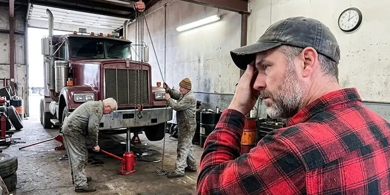 A truck owner looking stressed while his truck is being diagnosed in the repair shop
