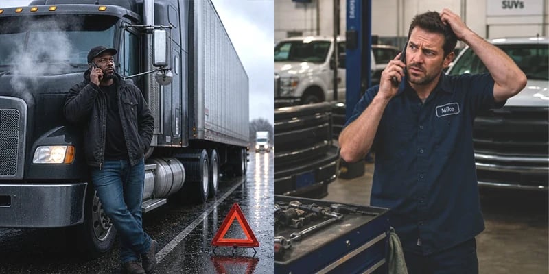 A trucker on the side of the road, using the phone. His truck appears to be broken down.