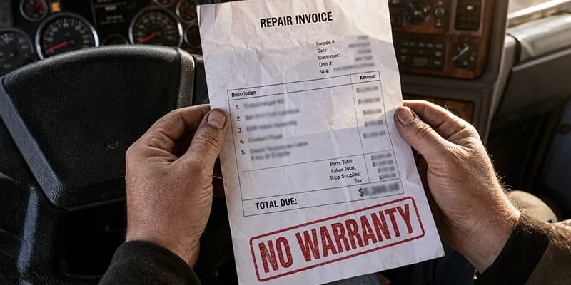 A set of hands holding an invoice for truck repair, with large red lettering saying "No warranty"