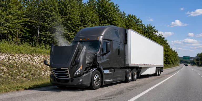 Overheated semi-truck with an open hood and engine smoke.