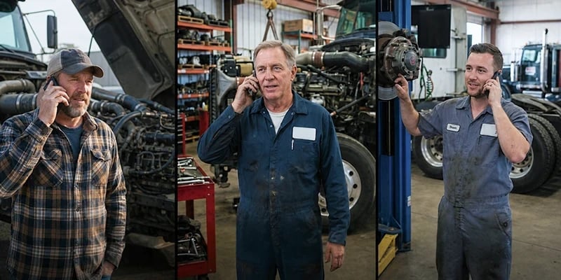 A mechanic on the phone in a busy shop