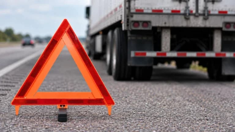 Semi truck behind an orange reflective triangle
