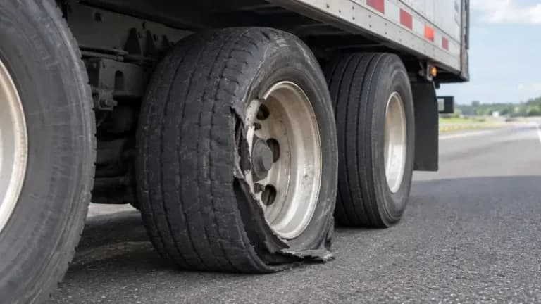 Semi trailer with a blown-out wheel