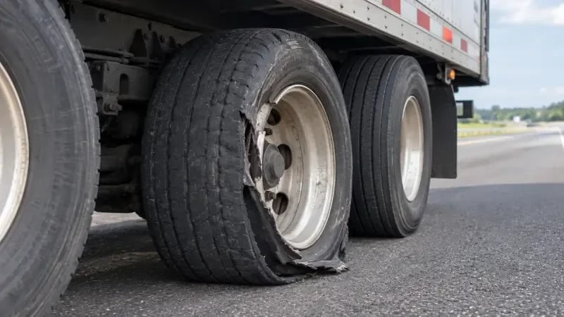 Semi trailer with a blown-out wheel